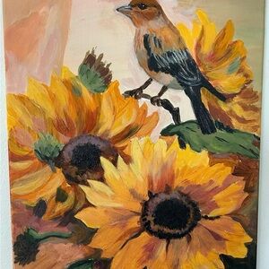 Canvas Handmade Acrylic Artwork “Sunflowers and Bird”